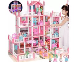 Kasteelpoppenhuis - Poppenhuis - 4-verdiepingen - Groot Poppenhuis voor Meisjes - Roze ABS 11 Kamers & 2 Terrassen - Met Meubels & Figuren - Rollenspel Speelgoed