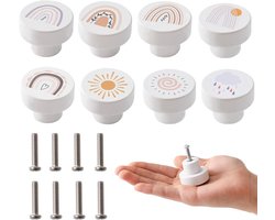 Kastknoppen Hout - 8 stuks ronde meubelknoppen 35 mm - witte handgrepen met regenboog print - voor kinderkamer kasten en laden - compatibel met diverse meubels