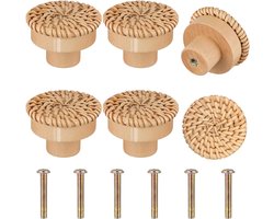 Kastknoppen Hout & Rotan - 6x - Meubelknop voor lades & deurtjes - 30MM Knop - Meubelbeslag/Handgreep Rond - BOHO
