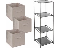 Kastmandjes/opberg manden - beige - 3x stuks van 29 Liter - In metalen rekje van 34 x 98 cm