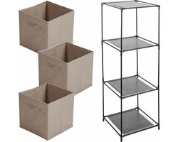 Kastmandjes/opberg manden - beige - 3x stuks van 29 Liter - In metalen rekje van 34 x 98 cm