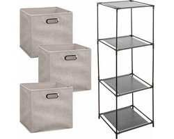Kastmandjes/opberg manden - beige - 3x stuks van 29 Liter - In metalen rekje van 34 x 98 cm