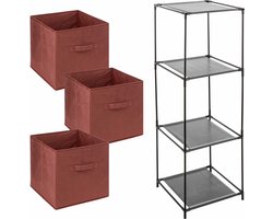 Kastmandjes/opberg manden - bordeaux rood - 3x stuks van 29 Liter - In metalen rekje van 34 x 98 cm