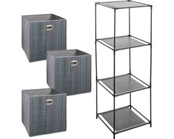 Kastmandjes/opberg manden - grijs - 3x stuks van 29 Liter - In rek van 34 x 98 cm - bamboe/linnen