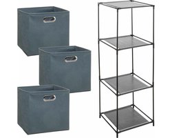 Kastmandjes/opberg manden - grijsblauw - 3x stuks van 29 Liter - In metalen rekje van 34 x 98 cm