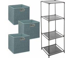 Kastmandjes/opberg manden - ijsblauw - 3x stuks van 29 Liter - In metalen rekje van 34 x 98 cm