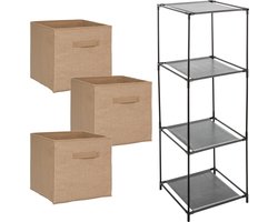 Kastmandjes/opberg manden - jute/naturel - 3x stuks van 29 Liter - In metalen rekje van 34 x 98 cm