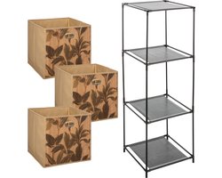 Kastmandjes/opberg manden - naturel/print - 3x stuks van 29 Liter - In rek van 34 x 98 cm - bamboe/linnen