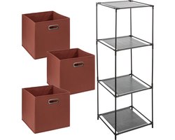 Kastmandjes/opberg manden - steenrood - 3x stuks van 29 Liter - In metalen rekje van 34 x 98 cm