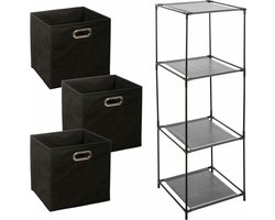 Kastmandjes/opberg manden - zwart - 3x stuks van 29 Liter - In metalen rekje van 34 x 98 cm