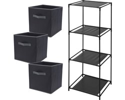 Kastmandjes/opberg manden - zwart - 3x stuks van 29L - Metalen rekje is 34 x 98 cm