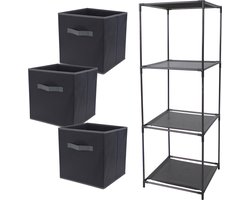 Kastmandjes/opberg manden - zwart - 3x stuks van 29L - Metalen rekje is 34 x 98 cm