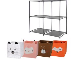 Kastmandjes/opberg mandjes - 4x stuks van 29L - Dieren gezicht prints - In rekje 68 x 68 cm