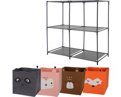 Kastmandjes/opberg mandjes - 4x stuks van 29L - Dieren gezicht prints - In rekje 68 x 68 cm