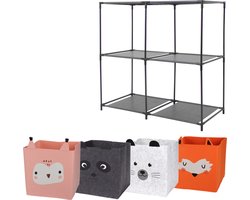 Kastmandjes/opberg mandjes - 4x stuks van 29L - Dieren gezicht prints - In rekje 68 x 68 cm