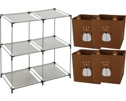 Kastmandjes/opberg mandjes - beren print - bruin - 4x stuks van 29L - In rekje van 68 x 68 cm