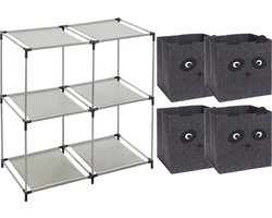 Kastmandjes/opberg mandjes - panda print - grijs - 4x stuks van 29L - In rekje van 68 x 68 cm