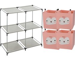 Kastmandjes/opberg mandjes - uilen print - roze - 4x stuks van 29L - In rekje van 68 x 68 cm