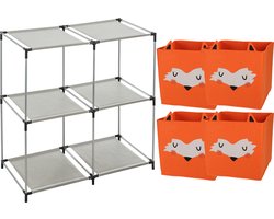 Kastmandjes/opberg mandjes - vossen print - oranje - 4x stuks van 29L - In rekje van 68 x 68 cm