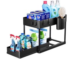 Kastorganisator - Onderkast Organizer - 2-Tier Met Uitschuifbare Lades - 1 Stuks - Keuken Opbergoplossing Zwart