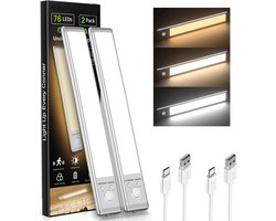 Kastverlichting-keukenverlichting onderbouw led-2-pack bewegingsmelderlamp - 76 LED USB oplaadbare voeding - Dimbare magnetische kastlamp - Draadloze onderbouwlamp voor keuken, trap, gang - Wit - 30 x 4 x 1,5 cm