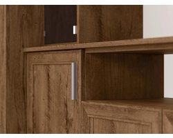 Kastwand 380x240x54 cm met 2 Kledingkasten, RTV-Meubel & Vitrinekasten Rookglas – Eiken Lefkas – Uittrekbaar Hoofdeinde – Modulaire 7-in-1 Wandmeubel – Abkantoor