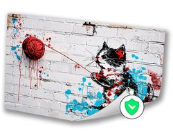 Kat met rode bol wol - Kat posters - Muurdecoratie dier - Street Art - Wanddecoratie klassiek - Slaapkamer muurdecoratie - poster 40x30 cm