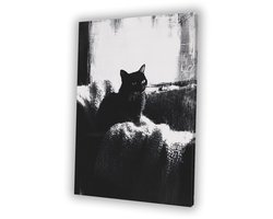 Kat op plaid in zwart-wit - Kat canvas kunst - Wandkunst dier - Minimalistisch - Woonkamer decoratie industrieel - Slaapkamer wanddecoratie - canvas 60x90 cm