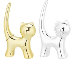 Kat Ring Houder Set van 2 - Zilver & Goud Design - Porselein Home Decoratie - Sieraden Display - Grote Verjaardag Bruiloft Gift