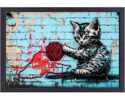 Kat speelt met bol wol - Kat canvas kunst - Canvas schilderijen dier - Street Art - Ingelijste wanddecoratie - Wanddecoratie woonkamer - canvas met baklijst 150x100 cm