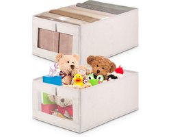 Katoen Rieten Opbergbox 2-Pack - Transparant Raam 41x28x17cm - Opvouwbare Kist met Handvatten voor Kast, Plank, Auto en Badkamer - Crème Wit Opbergmand met Zichtvenster - Geschikt voor Textiel, Speelgoed, Boeken