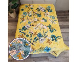 Katoen Satijn Bedsprei Floral Yellow Blue - 230x250 cm - Dubbelzijdig!