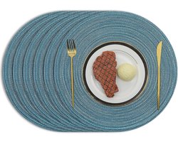 Katoenen 38 cm, ronde placemats, set van 6 afwasbaar, hittebestendig, geweven placemats, antislip, voor keuken, eettafel, blauw