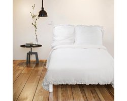 Katoenen beddengoed met ruches set - Tweepersoons - Vintage dekbedovertrek en kussensloop - Wit - 220 x 240 cm
