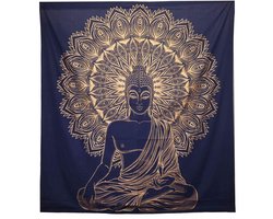 Katoenen Bedsprei & Wandkleed – Boeddha – 200 x 230 cm – Blauw Goud