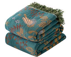 Katoenen deken - 150x200cm - Bohemian stijl met kwastjes - Zachte en ademende dubbelzijdige deken voor banken en bedden - Geschikt voor volwassenen, kinderen en alle seizoenen - Blauwe vintage bloemenprint en vogelmotief - Blauw