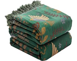 Katoenen Deken met Franjes - 150x200 cm - 100% Geweven Katoen - Omkeerbare Bedsprei - Boho Plaid voor Bank & Bed - Groen/Beige
