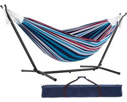 Katoenen hangmat met standaard - 250 cm - Denim blauw - Comfortabel voor twee personen - Tuinaccessoire
