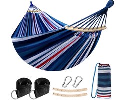 Katoenen Hangmat - Outdoor Lounger - Ontspannen Buiten - Sterke Hout Stang - 210x150 cm Bed - Blauw Rood Wit