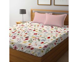 Katoenen Laken - Bed Laken - Slaapcomfort Verhogend - Handgemaakt Indiaas Vakmanschap - 275 x 275 cm - RoodRoze Bloemen