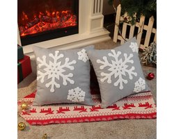 Katoenen linnen kussensloop, set van 2 vierkante sierkussens met sneeuwvlokkenpatroon, Kerstmis, decoratieve sierkussenovertrekken voor bank, auto, thuis, slaapkamer, 45 x 45 cm, grijs