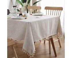 Katoenen Linnen Tafelkleed met Kwastjes in Effen Kleur - Vlekbestendig en Krimpvrij Tafelbedekking voor Keuken, Eetkamer en Picknick (Beige, 140x220cm)