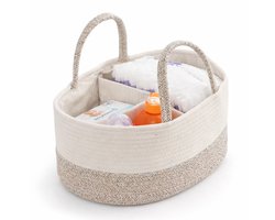 Katoenen Luiermand met Handvatten – Baby Organizer met 3 Vakken – Commode Organizer / Diaper Caddy – Opbergmand Baby – Crème Beige