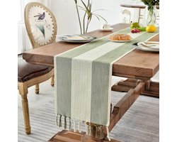 Katoenen Macramé Tafelloper - 180cm Lang - Handkwasten - Salontafel - Boerderijstijl - Vakantiefeesten - Dagelijks Gebruik - Saliegroen 180cm