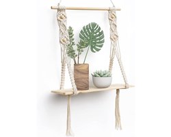 Katoenen Macramé Wandplank – Boho Wanddecoratie voor Slaapkamer of Badkamer, Geschikt als Plantenhanger of Opbergplank