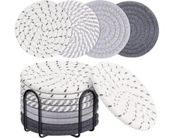 Katoenen Onderzetters met Houder - Set van 8 - Onderzetters voor glazen - Absorberend - Met Houder - 11 cm Ronde Grijze Onderzetters