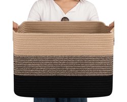Katoenen Opbergmand 65L - Rechthoekige Wasman - Gevlochten Mand voor Dekens, Speelgoed & Was - 100% Natuurlijk & Veilig - Woonkamer & Babykamer - Zwart + Bruin