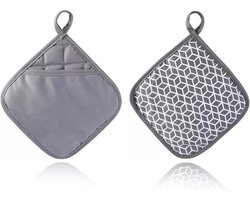 Katoenen pannenlap voor oven, keuken en bakken - hittebestendig en antislip - wasbaar - grijze geometrische vormen - 20 x 20 cm.