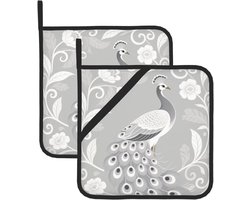 Katoenen Pannenlappen - Keukenwanten Set - Bescherming bij Koken - Hittebestendig Antislip - 20 x 20 cm - Grijs Wit Pauw