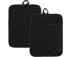 Katoenen pannenlappen met zak - hittebestendig - 2 stuks - zwart - 18,5 x 22,4 cm